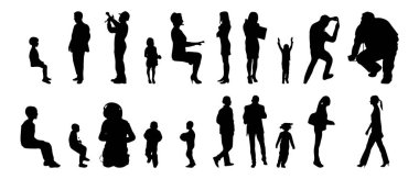 Vektör siluetleri, insanların ana hatları, Contour çizimleri, insanların siluetleri, ikon kümesi izole edilmiş, oturan insanların silueti, mimari set