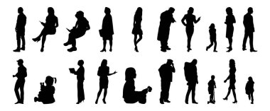 Vektör siluetleri, insanların ana hatları, Contour çizimleri, insanların siluetleri, ikon kümesi izole edilmiş, oturan insanların silueti, mimari set