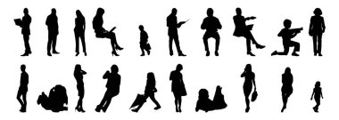 Vektör siluetleri, insanların ana hatları, Contour çizimleri, insanların siluetleri, ikon kümesi izole edilmiş, oturan insanların silueti, mimari set