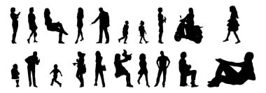 Vektör siluetleri, insanların ana hatları, Contour çizimleri, insanların siluetleri, ikon kümesi izole edilmiş, oturan insanların silueti, mimari set