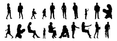 Vektör siluetleri, insanların ana hatları, Contour çizimleri, insanların siluetleri, ikon kümesi izole edilmiş, oturan insanların silueti, mimari set