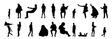 Vektör siluetleri, insanların ana hatları, Contour çizimleri, insanların siluetleri, ikon kümesi izole edilmiş, oturan insanların silueti, mimari set