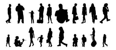 Vektör siluetleri, insanların ana hatları, Contour çizimleri, insanların siluetleri, ikon kümesi izole edilmiş, oturan insanların silueti, mimari set