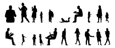 Vektör siluetleri, insanların ana hatları, Contour çizimleri, insanların siluetleri, ikon kümesi izole edilmiş, oturan insanların silueti, mimari set