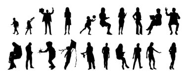 Vektör siluetleri, insanların ana hatları, Contour çizimleri, insanların siluetleri, ikon kümesi izole edilmiş, oturan insanların silueti, mimari set