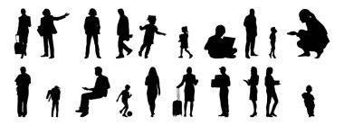 Vektör siluetleri, insanların ana hatları, Contour çizimleri, insanların siluetleri, ikon kümesi izole edilmiş, oturan insanların silueti, mimari set