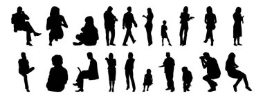 Vektör siluetleri, insanların ana hatları, Contour çizimleri, insanların siluetleri, ikon kümesi izole edilmiş, oturan insanların silueti, mimari set