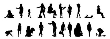 Vektör siluetleri, insanların ana hatları, Contour çizimleri, insanların siluetleri, ikon kümesi izole edilmiş, oturan insanların silueti, mimari set