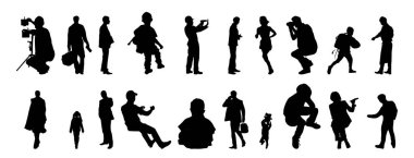 Vektör siluetleri, insanların ana hatları, Contour çizimleri, insanların siluetleri, ikon kümesi izole edilmiş, oturan insanların silueti, mimari set