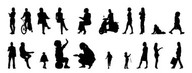 Vektör siluetleri, insanların ana hatları, Contour çizimleri, insanların siluetleri, ikon kümesi izole edilmiş, oturan insanların silueti, mimari set