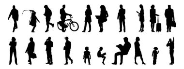 Vektör siluetleri, insanların ana hatları, Contour çizimleri, insanların siluetleri, ikon kümesi izole edilmiş, oturan insanların silueti, mimari set