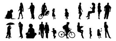 Vektör siluetleri, insanların ana hatları, Contour çizimleri, insanların siluetleri, ikon kümesi izole edilmiş, oturan insanların silueti, mimari set