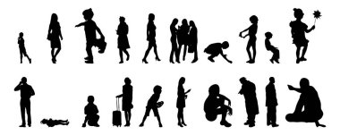 Vektör siluetleri, insanların ana hatları, Contour çizimleri, insanların siluetleri, ikon kümesi izole edilmiş, oturan insanların silueti, mimari set