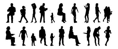 Vektör siluetleri, insanların ana hatları, Contour çizimleri, insanların siluetleri, ikon kümesi izole edilmiş, oturan insanların silueti, mimari set