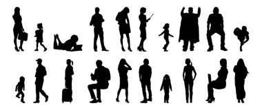 Vektör siluetleri, insanların ana hatları, Contour çizimleri, insanların siluetleri, ikon kümesi izole edilmiş, oturan insanların silueti, mimari set