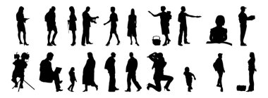 Vektör siluetleri, insanların ana hatları, Contour çizimleri, insanların siluetleri, ikon kümesi izole edilmiş, oturan insanların silueti, mimari set