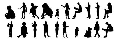 Vektör siluetleri, insanların ana hatları, Contour çizimleri, insanların siluetleri, ikon kümesi izole edilmiş, oturan insanların silueti, mimari set