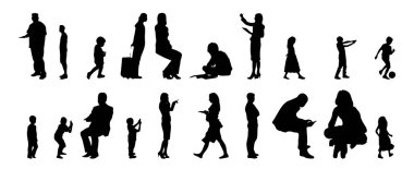 Vektör siluetleri, insanların ana hatları, Contour çizimleri, insanların siluetleri, ikon kümesi izole edilmiş, oturan insanların silueti, mimari set