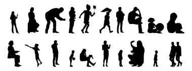 Vektör siluetleri, insanların ana hatları, Contour çizimleri, insanların siluetleri, ikon kümesi izole edilmiş, oturan insanların silueti, mimari set