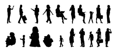Vektör siluetleri, insanların ana hatları, Contour çizimleri, insanların siluetleri, ikon kümesi izole edilmiş, oturan insanların silueti, mimari set