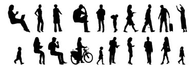 Vektör siluetleri, insanların ana hatları, Contour çizimleri, insanların siluetleri, ikon kümesi izole edilmiş, oturan insanların silueti, mimari set