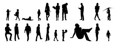 Vektör siluetleri, insanların ana hatları, Contour çizimleri, insanların siluetleri, ikon kümesi izole edilmiş, oturan insanların silueti, mimari set