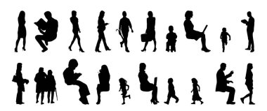 Vektör siluetleri, insanların ana hatları, Contour çizimleri, insanların siluetleri, ikon kümesi izole edilmiş, oturan insanların silueti, mimari set