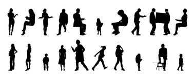Vektör siluetleri, insanların ana hatları, Contour çizimleri, insanların siluetleri, ikon kümesi izole edilmiş, oturan insanların silueti, mimari set