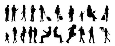 Vektör siluetleri, insanların ana hatları, Contour çizimleri, insanların siluetleri, ikon kümesi izole edilmiş, oturan insanların silueti, mimari set