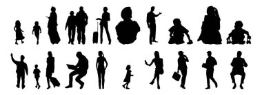 Vektör siluetleri, insanların ana hatları, Contour çizimleri, insanların siluetleri, ikon kümesi izole edilmiş, oturan insanların silueti, mimari set