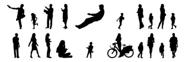 Vektör siluetleri, insanların ana hatları, Contour çizimleri, insanların siluetleri, ikon kümesi izole edilmiş, oturan insanların silueti, mimari set