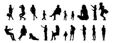 Vektör siluetleri, insanların ana hatları, Contour çizimleri, insanların siluetleri, ikon kümesi izole edilmiş, oturan insanların silueti, mimari set