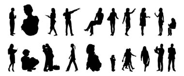 Vektör siluetleri, insanların ana hatları, Contour çizimleri, insanların siluetleri, ikon kümesi izole edilmiş, oturan insanların silueti, mimari set
