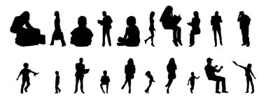 Vektör siluetleri, insanların ana hatları, Contour çizimleri, insanların siluetleri, ikon kümesi izole edilmiş, oturan insanların silueti, mimari set