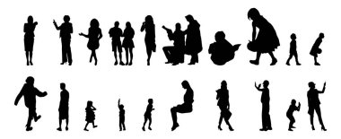 Vektör siluetleri, insanların ana hatları, Contour çizimleri, insanların siluetleri, ikon kümesi izole edilmiş, oturan insanların silueti, mimari set