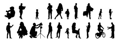 Vektör siluetleri, insanların ana hatları, Contour çizimleri, insanların siluetleri, ikon kümesi izole edilmiş, oturan insanların silueti, mimari set
