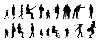 Vektör siluetleri, insanların ana hatları, Contour çizimleri, insanların siluetleri, ikon kümesi izole edilmiş, oturan insanların silueti, mimari set