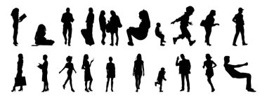 Vektör siluetleri, insanların ana hatları, Contour çizimleri, insanların siluetleri, ikon kümesi izole edilmiş, oturan insanların silueti, mimari set