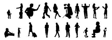 Vektör siluetleri, insanların ana hatları, Contour çizimleri, insanların siluetleri, ikon kümesi izole edilmiş, oturan insanların silueti, mimari set