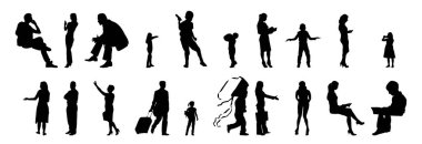 Vektör siluetleri, insanların ana hatları, Contour çizimleri, insanların siluetleri, ikon kümesi izole edilmiş, oturan insanların silueti, mimari set