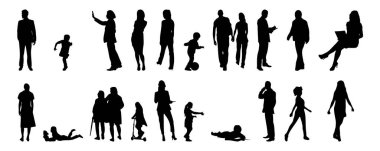 Vektör siluetleri, insanların ana hatları, Contour çizimleri, insanların siluetleri, ikon kümesi izole edilmiş, oturan insanların silueti, mimari set