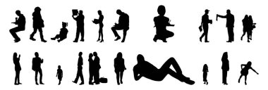 Vektör siluetleri, insanların ana hatları, Contour çizimleri, insanların siluetleri, ikon kümesi izole edilmiş, oturan insanların silueti, mimari set