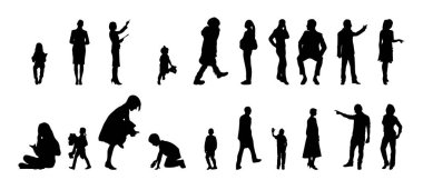 Vektör siluetleri, insanların ana hatları, Contour çizimleri, insanların siluetleri, ikon kümesi izole edilmiş, oturan insanların silueti, mimari set
