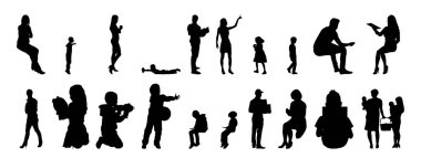 Vektör siluetleri, insanların ana hatları, Contour çizimleri, insanların siluetleri, ikon kümesi izole edilmiş, oturan insanların silueti, mimari set