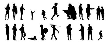 Vektör siluetleri, insanların ana hatları, Contour çizimleri, insanların siluetleri, ikon kümesi izole edilmiş, oturan insanların silueti, mimari set