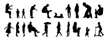 Vektör siluetleri, insanların ana hatları, Contour çizimleri, insanların siluetleri, ikon kümesi izole edilmiş, oturan insanların silueti, mimari set