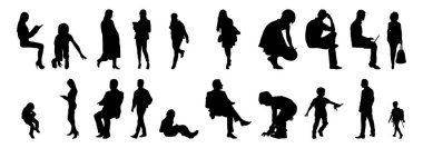 Vektör siluetleri, insanların ana hatları, Contour çizimleri, insanların siluetleri, ikon kümesi izole edilmiş, oturan insanların silueti, mimari set