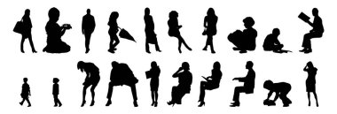 Vektör siluetleri, insanların ana hatları, Contour çizimleri, insanların siluetleri, ikon kümesi izole edilmiş, oturan insanların silueti, mimari set