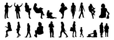 Vektör siluetleri, insanların ana hatları, Contour çizimleri, insanların siluetleri, ikon kümesi izole edilmiş, oturan insanların silueti, mimari set