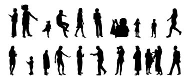 Vektör siluetleri, insanların ana hatları, Contour çizimleri, insanların siluetleri, ikon kümesi izole edilmiş, oturan insanların silueti, mimari set